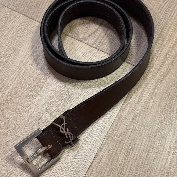 Saint Laurent Accessories - Saint Laurent Dark Brown Leather Belt with Silver YSL Accent